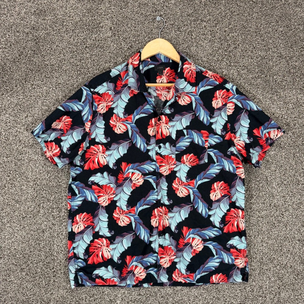 J Crew Camp Shirt Mens L Hawaiian Tropical Floral Loop Collar Linen Blend Pocket